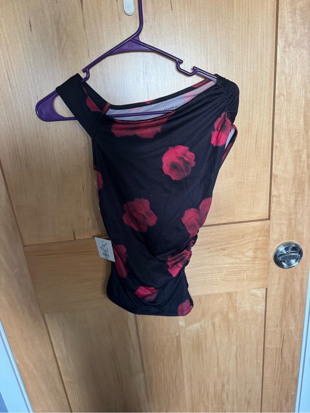 Asymmetric Black Tank Top with Red Floral Print